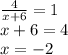 \frac{4}{x+6} =1 \\ 
x+6=4 \\ 
x=-2