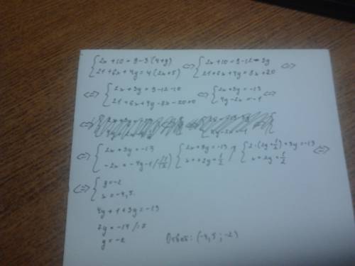 Решите систему уравнений: (2х+10=9-3(4+у) (21+6х+4у=4(2х+5)