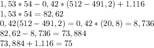 1,53*54-0,42*(512-491,2)+1.116\\1,53*54=82,62\\0,42(512-491,2)=0,42*(20,8)=8,736\\
82,62-8,736=73,884\\73,884+1.116=75