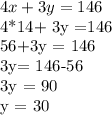 4x+3y=146

4*14+ 3y =146

56+3y = 146

3y= 146-56

3y = 90

y = 30