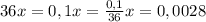 36x=0,1
x= \frac{0,1}{36} 
x=0,0028