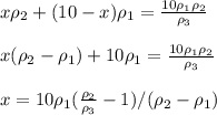 x\rho_2+(10-x)\rho_1= \frac{10\rho_1 \rho_2 }{\rho_3} \\ \\ 
x(\rho_2-\rho_1)+10\rho_1= \frac{10\rho_1 \rho_2 }{\rho_3} \\ \\ 
x= 10\rho_1(\frac{ \rho_2 }{\rho_3}-1)/(\rho_2-\rho_1)