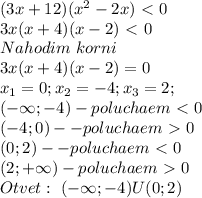(3x+12)(x^2-2x)\ \textless \ 0\\
3x(x+4)(x-2)\ \textless \ 0\\
Nahodim \ korni\\
3x(x+4)(x-2)=0\\
x_{1} =0;x_{2} =-4;x_{3} =2;\\
(- \infty;-4)-poluchaem\ \textless \ 0\\
(-4;0) - -poluchaem\ \textgreater \ 0\\
(0;2)- -poluchaem\ \textless \ 0\\
(2;+\infty) -poluchaem\ \textgreater \ 0\\
Otvet: \ (- \infty;-4)U(0;2)