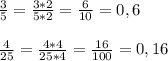 \frac{3}{5} = \frac{3*2}{5*2} = \frac{6}{10} = 0,6 \\ \\ 
 \frac{4}{25} = \frac{4*4}{25*4} = \frac{16}{100} = 0,16