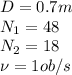 D=0.7m
\\\
N_1=48
\\\
N_2=18
\\\
\nu=1ob/s