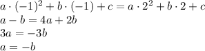 a\cdot(-1)^2+b\cdot(-1)+c=a\cdot2^2+b\cdot2+c
\\\
a-b=4a+2b
\\\
3a=-3b
\\\
a=-b
\\\

