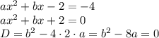 ax^2+bx-2=-4
\\\
ax^2+bx+2=0
\\\
D=b^2-4\cdot2\cdot a=b^2-8a=0