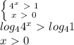 \left \{ {{ 4^{x}\ \textgreater \ 1 } \atop {x\ \textgreater \ 0}} \right. \\ log_{4} 4^{x} \ \textgreater \ log_{4} 1 \\ x\ \textgreater \ 0
