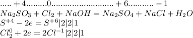 .....+4.........0...........................+6...........-1 \\ Na _{2}SO_3 + Cl_2 + NaOH =Na_2SO_4 + NaCl + H_2O \\ 
S ^{+4} -2e=S^{+6}| 2 | 2 |1\\ 
Cl_2^0+2e=2Cl^{-1}|2 | 2 |1\\ 
