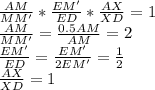 \frac{AM}{MM'} * \frac{ EM'}{ED} * \frac{AX}{XD} = 1 \\
 \frac{AM}{MM'} = \frac{0.5AM}{AM} = 2\\
 \frac{EM'}{ED} = \frac{EM'}{2EM'} = \frac{1}{2} \\
 \frac{AX}{XD} = 1