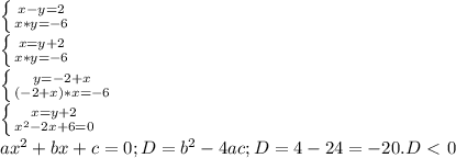 \left \{ {{x-y=2} \atop {x*y=-6}} \right. \\
 \left \{ {{x=y+2} \atop {x*y=-6}} \right. \\
 \left \{ {{y=-2+x} \atop {(-2+x)*x=-6}} \right. \\
 \left \{ {{x=y+2} \atop {x^2-2x+6=0}} \right. \\
ax^2+bx+c=0 ; D= b^2-4ac ; D=4-24=-20. D\ \textless \ 0 \\
