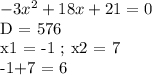 -3x^2 + 18x + 21 = 0

D = 576

x1 = -1 ; x2 = 7

-1+7 = 6