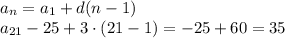 a_n=a_1+d(n-1)\\
a_{21} -25+3\cdot(21-1)=-25+60=35