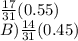 \frac{17}{31} (0.55) \\ 
 B) \frac{14}{31} (0.45)
