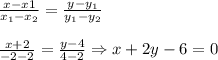 \frac{x-x1}{x_1-x_2} = \frac{y-y_1}{y_1-y_2} \\\\
 \frac{x+2}{-2-2} = \frac{y-4}{4-2} \Rightarrow x+2y-6=0