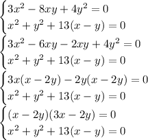 \begin{cases} 3x^2-8xy+4y^2=0 \\ x^2+y^2+13(x-y)=0 \right \end{cases}
\\\
\begin{cases} 3x^2-6xy-2xy+4y^2=0 \\ x^2+y^2+13(x-y)=0 \right \end{cases}
\\\
\begin{cases} 3x(x-2y)-2y(x-2y)=0 \\ x^2+y^2+13(x-y)=0 \right \end{cases}
\\\
\begin{cases} (x-2y)(3x-2y)=0 \\ x^2+y^2+13(x-y)=0 \right \end{cases}