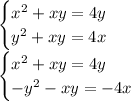\begin{cases} x^2+xy=4y \\ y^2+xy=4x \right \end{cases}
\\\
\begin{cases} x^2+xy=4y \\ -y^2-xy=-4x \right \end{cases}
