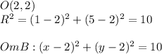 O(2,2)\\
R^2=(1-2)^2+(5-2)^2=10
\\\\ OmB: (x-2)^2+(y-2)^2=10