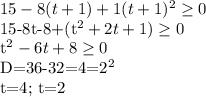 15-8(t+1)+1(t+1)^2 \geq 0

15-8t-8+(t^2+2t+1) \geq 0

t^2-6t+8 \geq 0

D=36-32=4=2^2

t=4; t=2