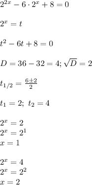 2^{2x}-6\cdot 2^x+8=0\\\\
2^x=t\\\\
t^2-6t+8=0\\\\
D=36-32=4; \sqrt{D}=2\\\\
t_{1/2}= \frac{6\pm2}{2}\\\\
t_1=2;\ t_2=4\\\\
2^x=2\\
2^x=2^1\\
x=1\\\\
2^x=4\\
2^x=2^2\\
x=2