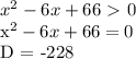 x^2 - 6x + 66 \ \textgreater \ 0

x^2 - 6x + 66 = 0

D = -228