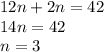 12n + 2n = 42 \\
14n = 42 \\
n = 3