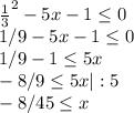 \frac{1}{3}^2-5x-1 \leq 0 \\
1/9-5x-1 \leq 0 \\
1/9-1 \leq 5x \\
-8/9 \leq 5x |:5 \\
-8/45 \leq x