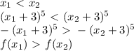 x_{1} \ \textless \ x_{2} \\ 
( x_{1}+3)^5 \ \textless \ ( x_{2}+3)^5 \\
- ( x_{1}+3)^5 \ \textgreater \ - ( x_{2}+3)^5 \\
 f( x_{1} ) \ \textgreater \ f( x_{2} ) \\