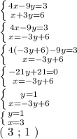 \left \{ {{4x - 9y = 3} \atop {x+3y=6}} \right. 

 \left \{ {{4x - 9y = 3} \atop {x=-3y+6}} \right. 

 \left \{ {{4(-3y+6) - 9y = 3} \atop {x=-3y+6}} \right. 

 \left \{ {{-21y + 21 = 0} \atop {x=-3y+6}} \right. 

 \left \{ {{y=1} \atop {x=-3y+6}} \right. 

 \left \{ {{y=1} \atop {x=3}} \right. 

( 3 ; 1 )