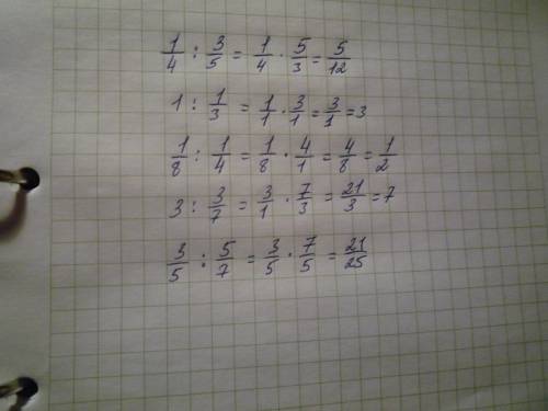 5класс. решите дроби. 1. 1/4 : 3/5= 2. 1 : 1/3= 3. 1/8 : 1/4= 4. 3 : 3/7= 50. 3/5 : 5/7=