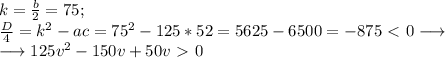 k= \frac{b}{2}=75; 
\\ \ \frac{D}{4}=k^2-ac=75^2-125*52=5625-6500=-875\ \textless \ 0 \longrightarrow \\ \longrightarrow 125v^2-150v+50v\ \textgreater \ 0