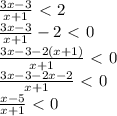 \frac{3x-3}{x+1}\ \textless \ 2 \\
\frac{3x-3}{x+1}-2\ \textless \ 0 \\
\frac{3x-3-2(x+1)}{x+1} \ \textless \ 0 \\
\frac{3x-3-2x-2}{x+1} \ \textless \ 0 \\
\frac{x-5}{x+1} \ \textless \ 0 \\
