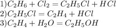 1) C_2H_6+Cl_2=C_2H_5Cl+HCl \\ 
2) C_2H_5Cl=C_2H_4+HCl \\ 
3) C_2H_4+H_2O=C_2H_5OH