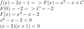 f(x)=2x-1=\ \textgreater \ F(x)=x^2-x+C\\
 F(0)=-2=\ \textgreater \ C=-2\\
F(x)=x^2-x-2\\
x^2-x-2\ \textless \ 0\\
(x-2)(x+1)\ \textless \ 0\\
