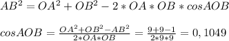 AB^{2}=OA^{2}+OB^{2}-2*OA*OB*cosAOB \\\\
cosAOB= \frac{OA^{2}+OB^{2}-AB^{2}}{2*OA*OB} = \frac{9+9-1}{2*9*9}=0,1049