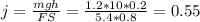 j= \frac{mgh}{FS}= \frac{1.2*10*0.2}{5.4*0.8}=0.55 \\ 
