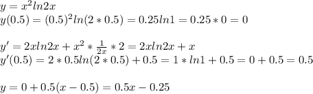 y=x^2ln2x \\ 
y(0.5)=(0.5)^2ln(2*0.5)=0.25ln1=0.25*0=0 \\ \\ 
y'=2xln2x+x^2* \frac{1}{2x}*2=2xln2x+x \\ 
y'(0.5)=2*0.5ln(2*0.5)+0.5=1*ln1+0.5=0+0.5=0.5 \\ \\ 
y=0+0.5(x-0.5)=0.5x-0.25
