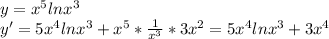 y=x^5lnx^3 \\ 
y'=5x^4lnx^3+x^5* \frac{1}{x^3}*3x^2=5x^4lnx^3+3x^4