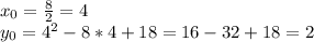 x_0=\frac{8}{2}=4\\
y_0=4^2-8*4+18=16-32+18=2