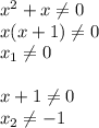 x^2+x \neq 0\\
x(x+1) \neq 0\\
x_1 \neq 0\\\\
x+1 \neq 0\\
x_2 \neq -1