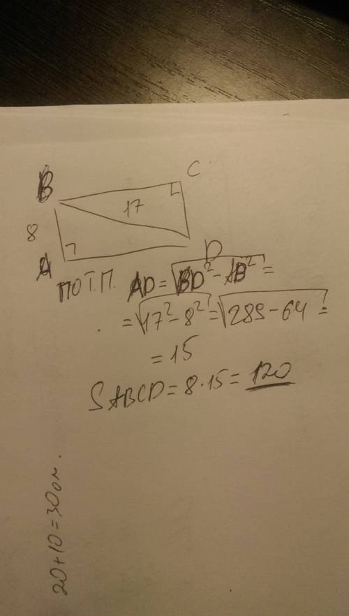 Найдите площадь прямоугольника abcd, если ab=8, bd=17