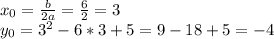 x_0=\frac{b}{2a}=\frac{6}{2}=3\\
y_0=3^2-6*3+5=9-18+5=-4