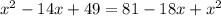 x^{2} - 14x + 49 = 81 - 18x + x^{2} 
