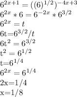 6^{2x+1}=((6)^{1/2})^{-4x+3}

6^{2x}*6=6^{-2x}*6^{3/2}

6^{2x}=t

6t=6^{3/2}/t

6t^2=6^{3/2}

t^2=6^{1/2}

t=6^{1/4}

6^{2x}=6^{1/4}

2x=1/4

x=1/8

