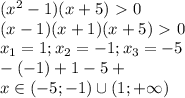 (x^2-1)(x+5)\ \textgreater \ 0 \\
(x-1)(x+1)(x+5)\ \textgreater \ 0 \\
x_1 = 1; x_2 = -1 ; x_3 = -5 \\
- (-1) + 1 - 5 + \\
x \in (-5;-1) \cup (1;+\infty)