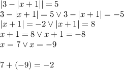 |3-|x+1||=5 \\
3-|x+1|=5 \vee 3-|x+1|=-5\\
|x+1|=-2 \vee |x+1|=8\\
x+1=8 \vee x+1=-8\\
x=7 \vee x=-9\\\\
7+(-9)=-2

