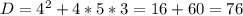 D = 4^{2} + 4*5*3=16+60=76
