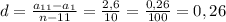 d= \frac{a_{11}-a_1}{n-11} = \frac{2,6}{10}= \frac{0,26}{100}=0,26
