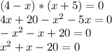 (4-x)*(x+5)=0 \\ 4x+20- x^{2} -5x=0 \\ - x^{2} -x+20=0 \\ x^{2} +x-20=0
