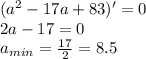 (a^2-17a+83)'=0
\\\
2a-17=0
\\\
a_{min}= \frac{17}{2} =8.5